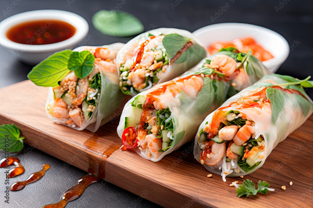 Sticker vietnamese spring rolls with sauce on wooden table - Stickers