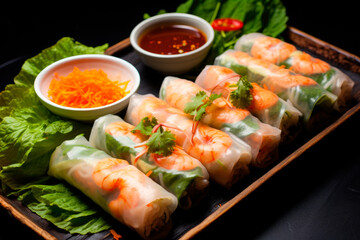 vietnamese spring rolls with sauce on wooden table