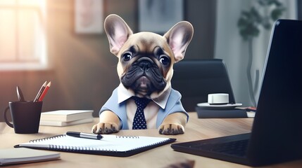 Portrait of cute french bulldog puppy wearing business suit and sitting on the tabletable in office