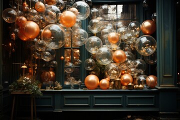 Fototapeta na wymiar Studio window framed by delicate holiday balls that appear to float in mid-air, Generative AI 