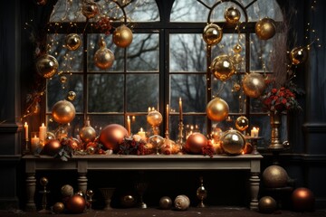Fototapeta na wymiar Studio window with a festive arrangement of holiday balls and twinkling fairy lights, Generative AI 