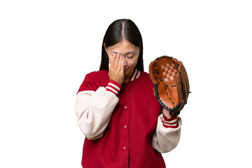 Young asian woman with baseball glove over isolated background with tired and sick expression
