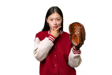 Young asian woman with baseball glove over isolated background thinking