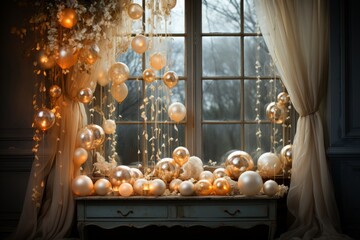 Studio window with a soft, diffused light highlighting the beauty of the holiday balls, Generative AI