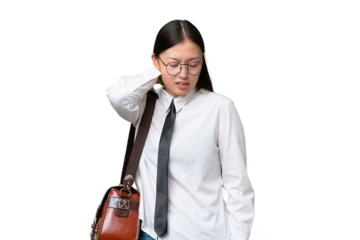 Young Asian business woman over isolated background with neckache