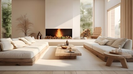 Modern House living room interior in warm beige color with furniture and chimney