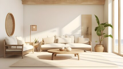 Modern House living room interior in warm beige color with furniture.