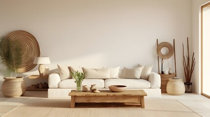 Modern House living room interior in warm beige color with furniture.