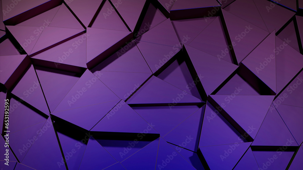 Poster Purple triangular constructor. Design. Triangles made in computer graphics that separate and connect.