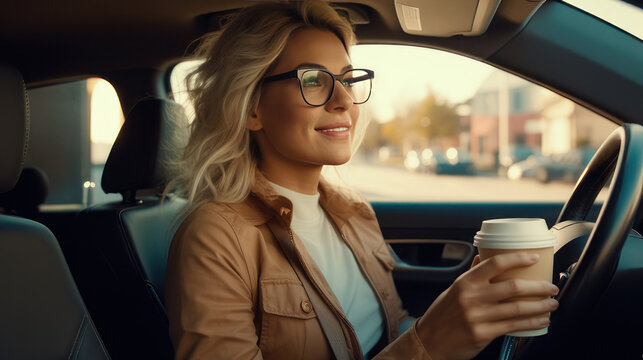 a blonde woman with glasses riding in her car holding a cup of coffee