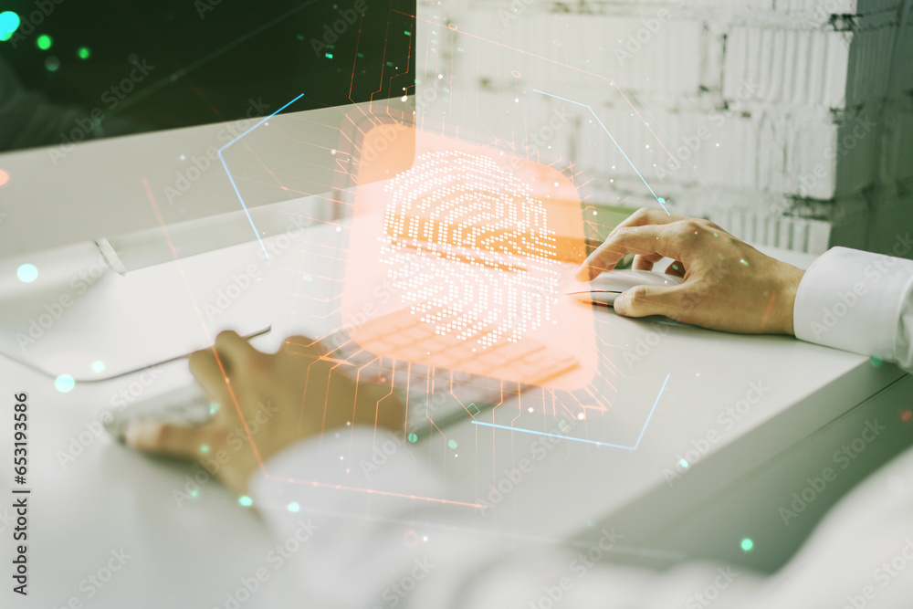 Poster double exposure of abstract creative fingerprint hologram with hands typing on laptop on background,