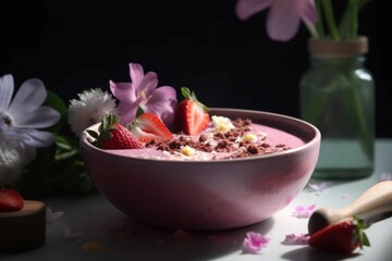 Fototapeta na wymiar Smoothie strawberry bowl. Pink yogurt. Generate Ai