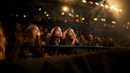 Young teen girl fans are starstruck, front row, mesmerized as they look up at their idols during a...