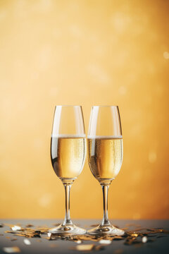 Glasses of Champagne sparkling wine, holiday concept, New year, Christmas, valentine day, golden yellow bokeh background copy space, white wine two glasses on table, alcohol drink, generative ai image