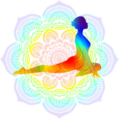 Obraz na płótnie Canvas Colorful silhouette yoga posture. Half Pigeon pose or Swan pose. Seated and Backbend. Isolated vector illustration. Mandala background.