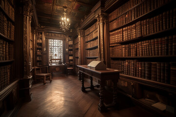 Naklejka premium In an ancient library, leather-bound tomes filled towering shelves, their pages whispering the accumulated knowledge and tales of generations long past, a sanctuary of wisdom.