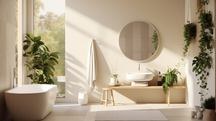 Elegant modern interior bathroom with white and beige walls and plants.