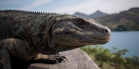 Obraz premium close up Komodo dragon is on the ground. Interesting perspective.