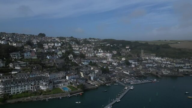 Salcombe, South Devon, England: DRONE VIEWS: The town of Salcombe; Salcombe jetty and Harbour. Salcombe is a popular UK holiday resort and tourist destination with expensive properties. 