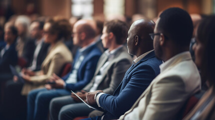 A diverse audience listening intently to a keynote address, Business conference, blurred background, with copy space