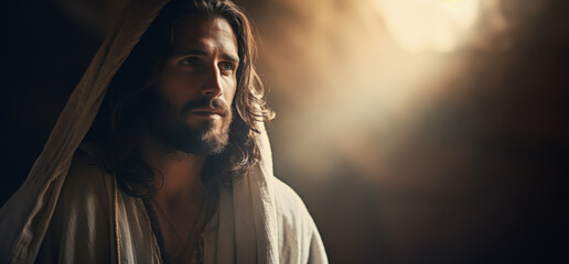 Portrait of Jesus captured in an emotive and serene moment. Christian illustration.