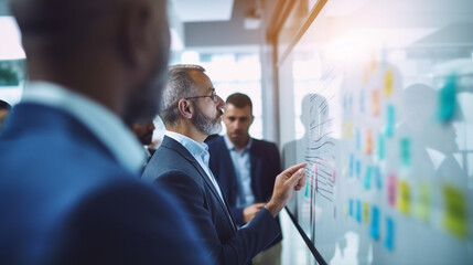 A group of attendees brainstorming ideas on a whiteboard in a breakout session, Business conference, blurred background, with copy space