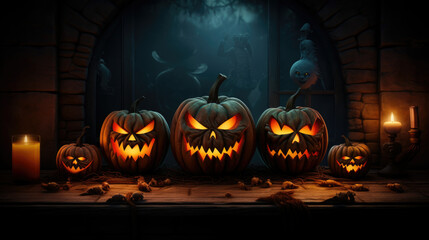 Halloween Pumpkins In Spooky Forest With Tombs At Night - Abstract Defocused Background.