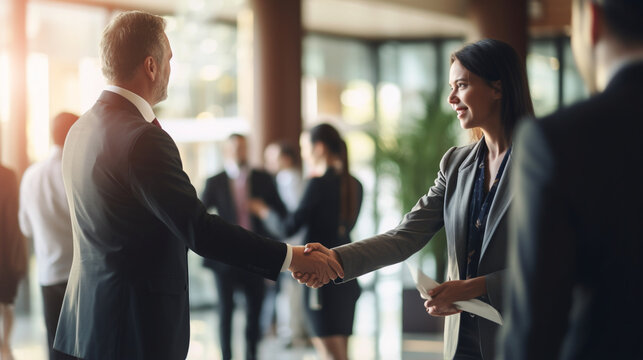 A businessman and businesswoman exchanging business cards in a bustling conference hallway, Business conference, blurred background, with copy space