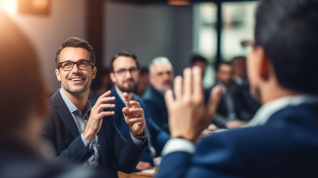 An excited attendee asking a question during a Q&A session, Business conference, blurred background, with copy space