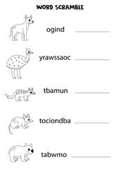 Puzzle for kids. Word scramble for children. Black and white  Australian animals.