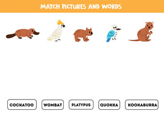 Match Australian animals pictures and words. Educational logical game for kids. Wild animals.