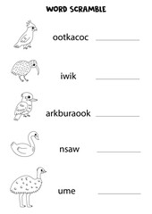 Puzzle for kids. Word scramble for children. Black and white  Australian animals.