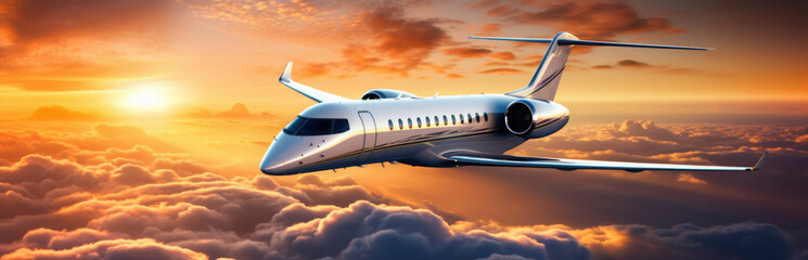 Private jet plane flying above clouds in beautiful sunset light. Modern and fastest mode of transportation, business life