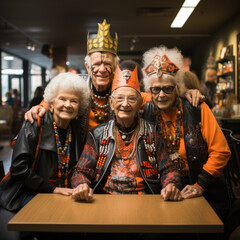 Four happy smiling, laughing old people celebrate halloween in costumes and orange hats and crowns