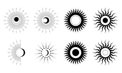 Circle pattern set with clouds, moon, sun, stars. The sun, moon phases, crystals, magic symbols. Vector collection in oriental chinese, japanese, korean style. Line hand drawn illustration EPS 10