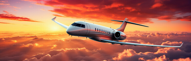 Obraz premium Private jet plane flying above clouds in beautiful sunset light. Modern and fastest mode of transportation, business life
