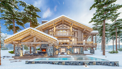 Fototapeta na wymiar 3d rendering of modern cozy chalet with pool and parking for sale or rent. Beautiful forest mountains on background. Massive timber beams columns. Christmas garlands in New Year holidays