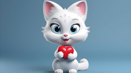 Cute smiling white kitty 3d character hold ih his paws a red heart on grey background,copy space.