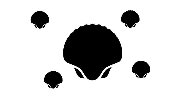 Zoom in and out animation the sea shell symbol. Large black symbol in the center and four small symbols around. Seamless looped 4k animation on white background