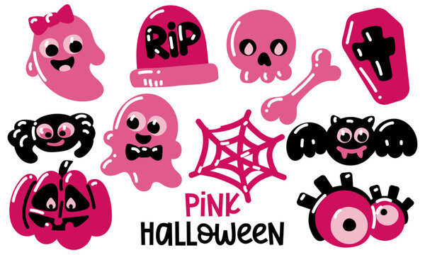 Happy Pink Halloween cute vector drawing set with cartoon ghost, tombstone, coffin, skull, bone, spider with spider web, bat, pumpkin and eyes. Elements in pink and black tones on a flat in style