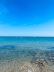 Fototapeta na wymiar Beautiful blue sea horizon, blue sea and blue sky, natural seascape background