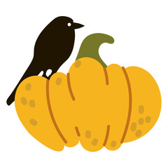 Happy Halloween. A black raven sits on a yellow pumpkin and and looks. Isolated illustration on a white background for holiday cards, tags, stickers. Cute isolated flat illustration