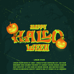 Happy Halloween green banner background with spider webs and flying bats, glowing pumpkins Vector illustration.