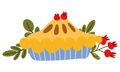 Autumn composition of a whole pie and foliage. Autumn seasonal cozy decor. Imagine a pie, a branch of cranberries, green leaves. Autumn themed sticker isolated vector for festive dinner