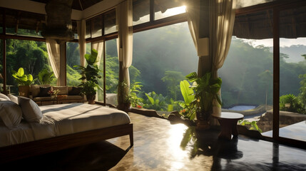 Eco-lodge house interior of bedroom with green plants and big windows in tropical forest.