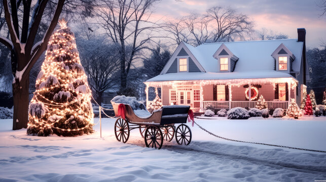 A man stands in a winter country home, admiring a large Christmas tree. The image exudes a cozy holiday atmosphere.