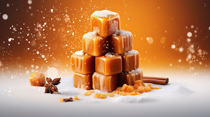 A stack of toffee and caramel cubes with a cinnamon stick and anise on the snow.