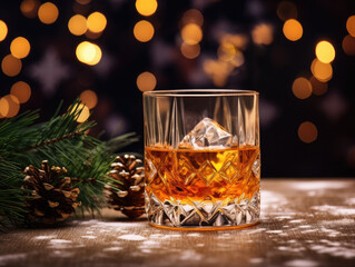 A glass of whiskey or rum on a wooden table with a fir branch and pine cones with blurry lights background. Empty space for product placement or advertising text. - obrazy, fototapety, plakaty