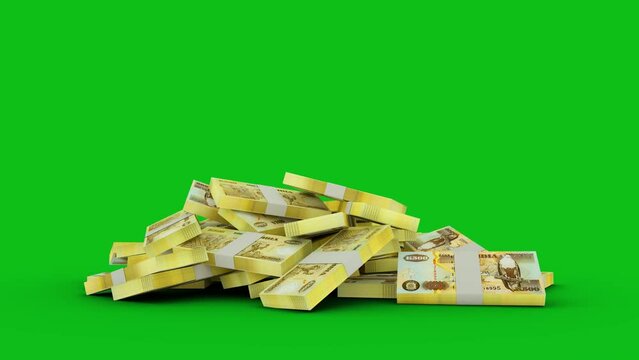 3d rendering of stacks of Zambian Kwacha notes falling on green screen floor. You can Key out or remove background to replace with a custom one