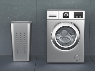 Silver front load washing machine and laundry hamper